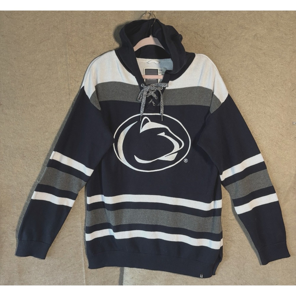 Bruzer Penn State Hooded Sweater Mens‎ Sz L Blue Gray Striped Lions